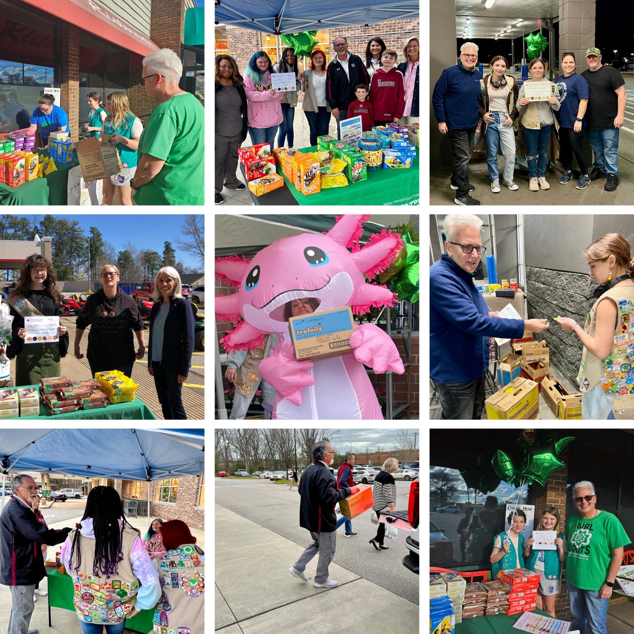 a collage of pictures including Girl Scouts at booths, girl scouts with donors, an axolotl (2024 cookie mascot) holding a blue box of cookies